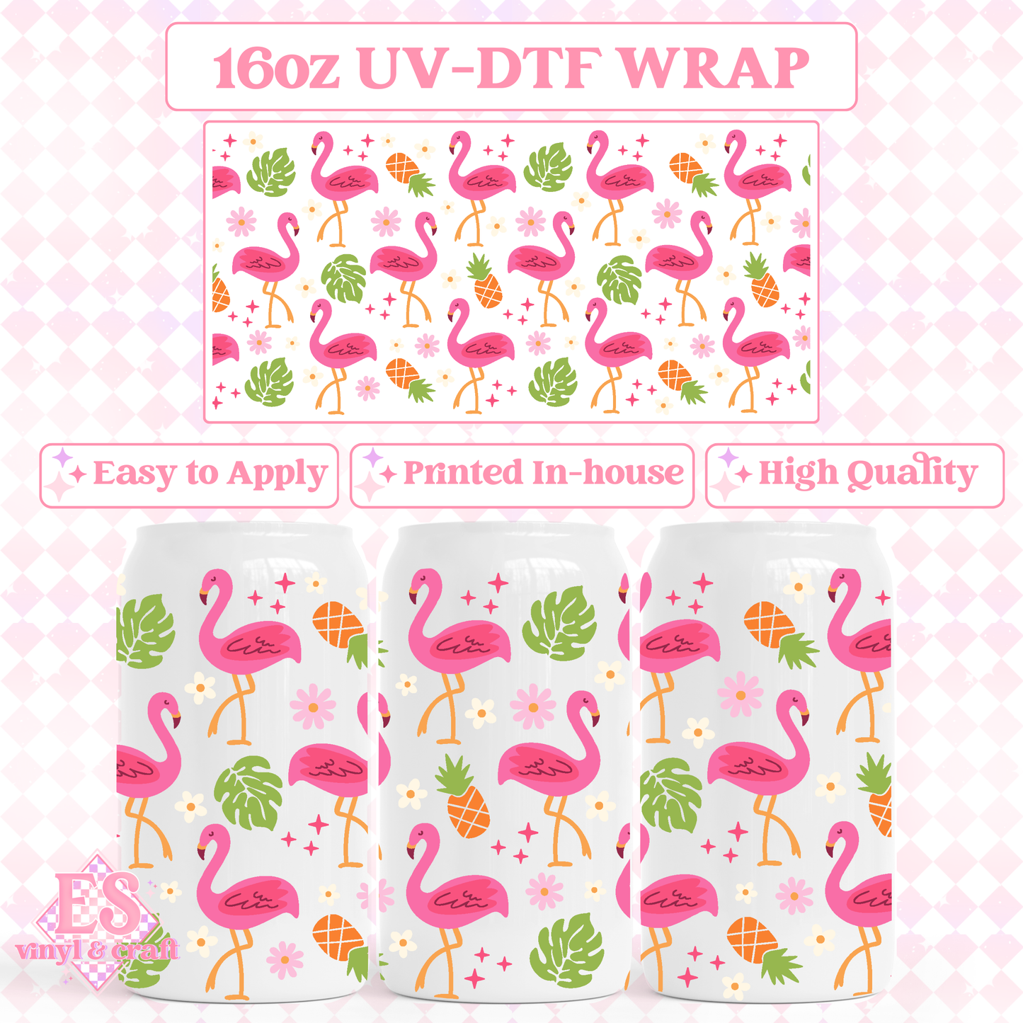 Pink Flamingos and Monstera Leaves - 16oz Beer Can / Libbey UV-DTF Transfer image 0