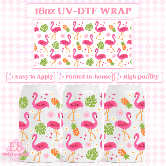 Pink Flamingos and Monstera Leaves - 16oz Beer Can / Libbey UV-DTF Transfer image 0