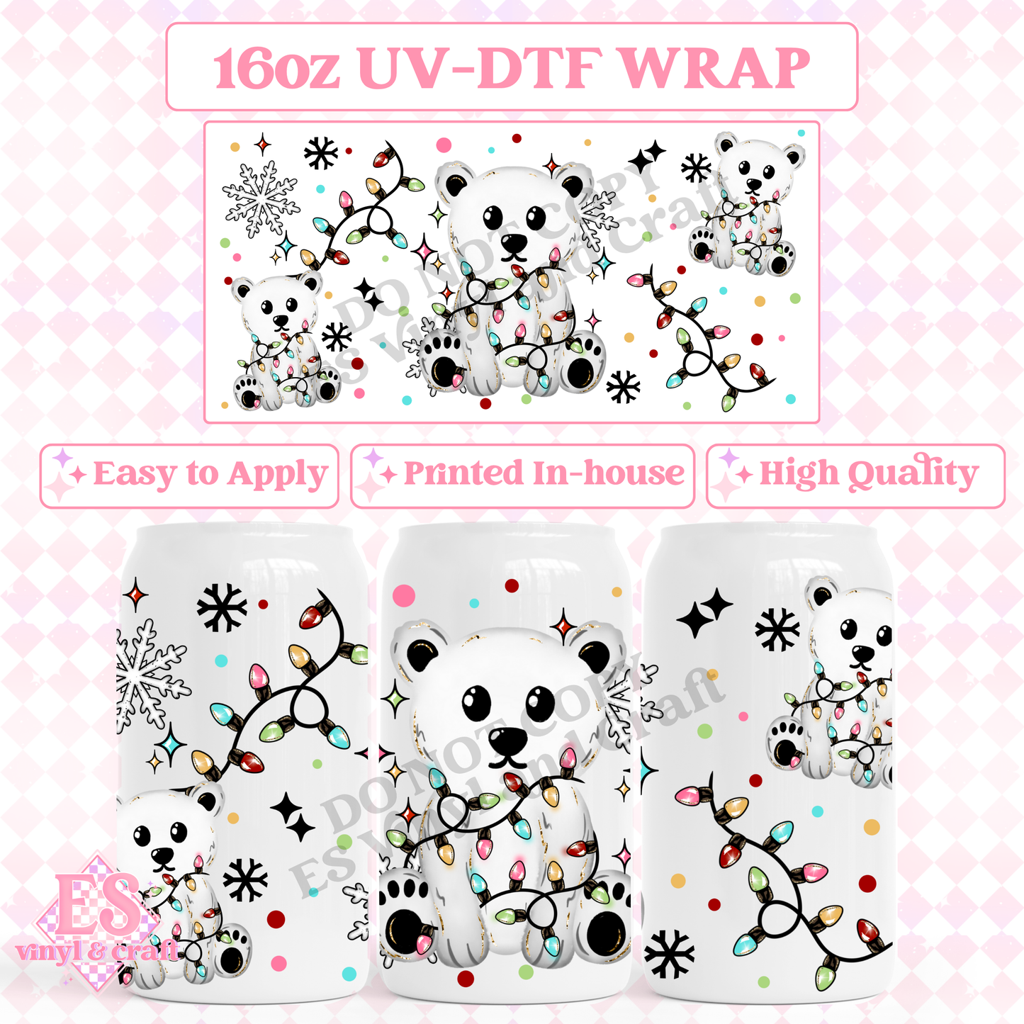 Polar Bear and Christmas Lights - 16oz Beer Can / Libbey UV-DTF image 0