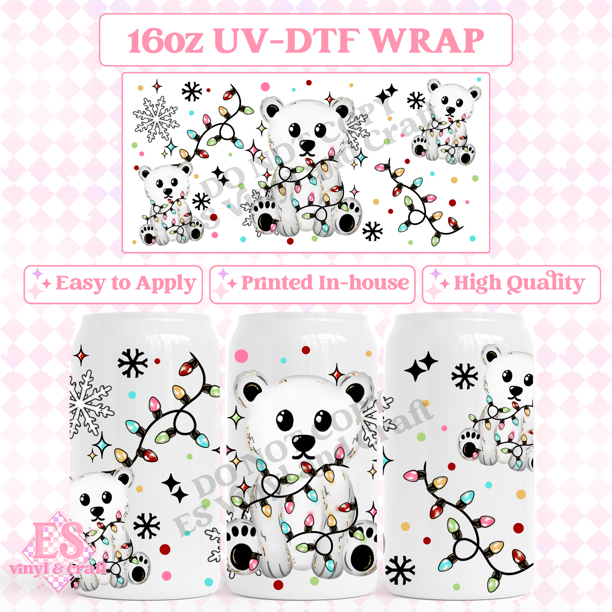 Polar Bear and Christmas Lights - 16oz Beer Can / Libbey UV-DTF image 0