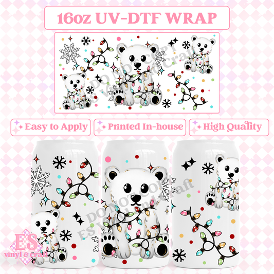 Polar Bear and Christmas Lights - 16oz Beer Can / Libbey UV-DTF image 0