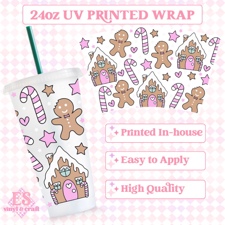 Gingerbread House Pink Edition - UV Printed 24oz Cold Cup Wrap image 0