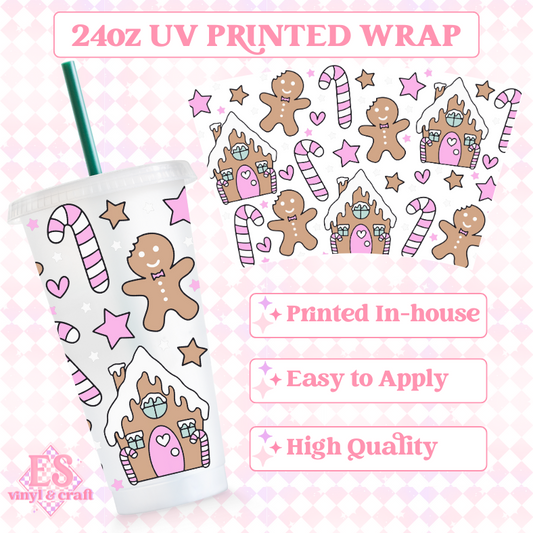 Gingerbread House Pink Edition - UV Printed 24oz Cold Cup Wrap image 0