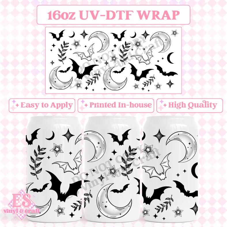 Bats, Stars and Moons for Light Cups - 16oz Beer Can / Libbey UV-DTF Transfer image 0