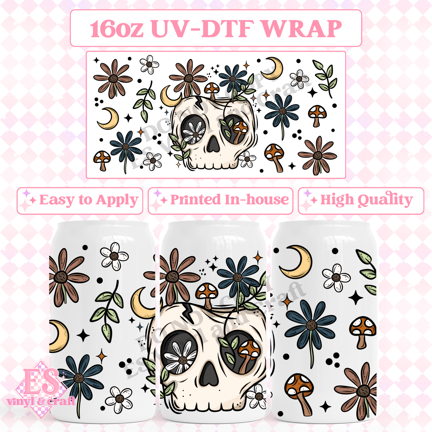 Floral Skull - 16oz Beer Can / Libbey UV-DTF Transfer image 0