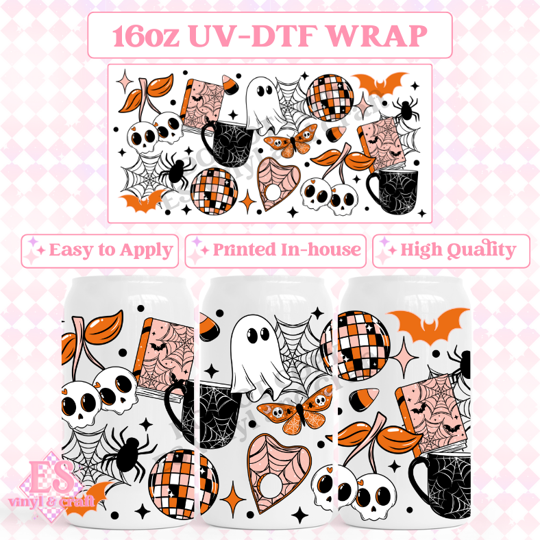 Spooky Doodles Orange - 16oz Beer Can / Libbey UV-DTF image 0