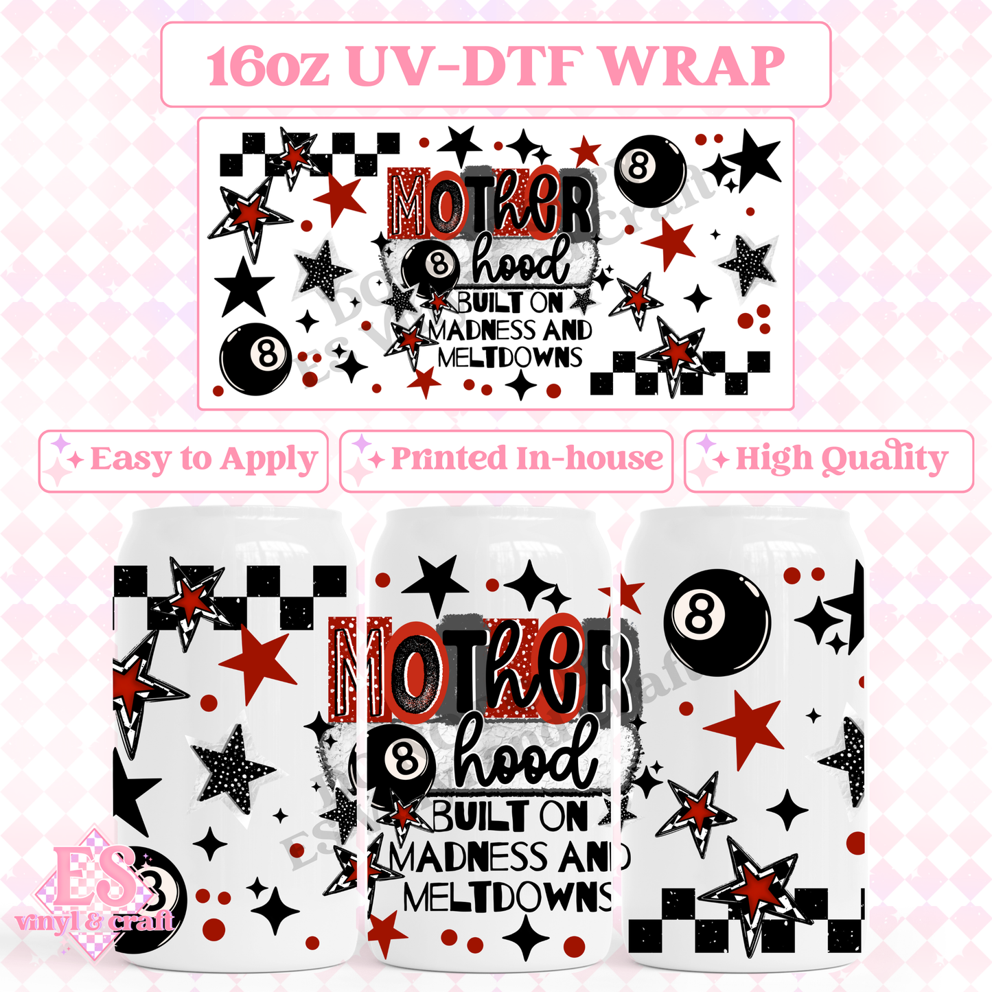 Red Motherhood Madness - 16oz Beer Can / Libbey UV-DTF image 0