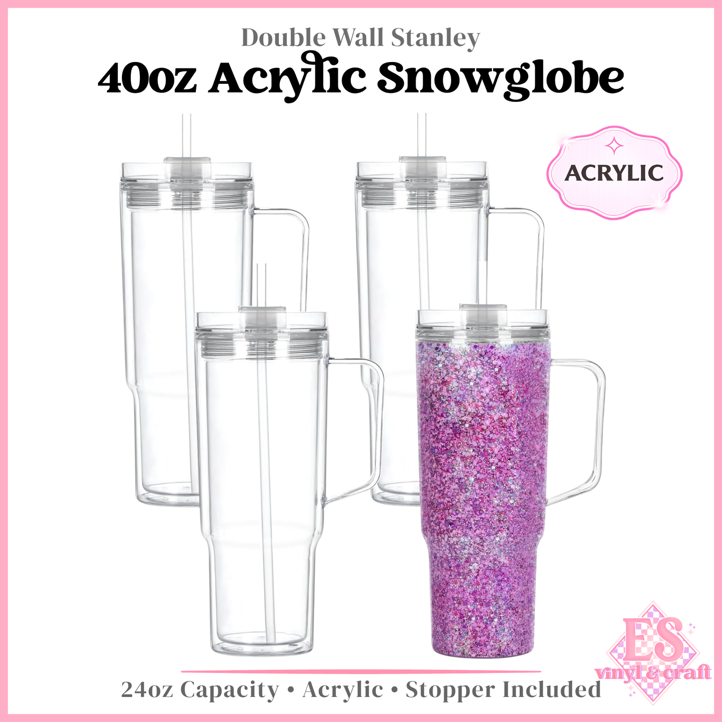 40oz Double Wall Acrylic Stanley Snowglobes Pre Drilled and Stoppers