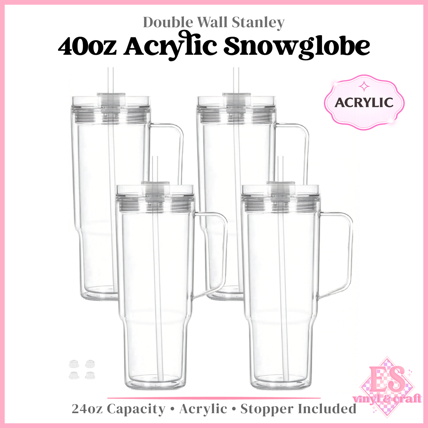 40oz Double Wall Acrylic Stanley Snowglobes Pre Drilled and Stoppers