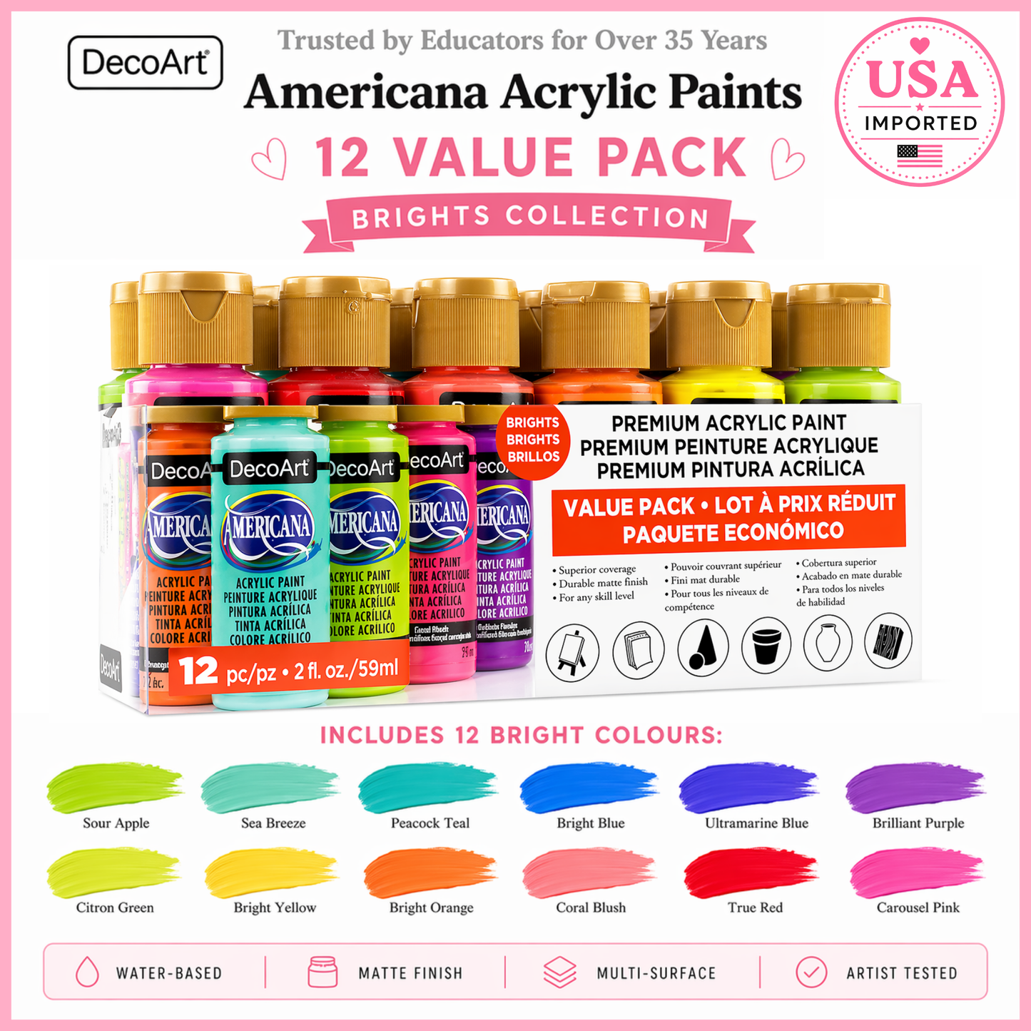 DecoArt Americana Brights 2oz - Pack of 12 (Made in the USA)