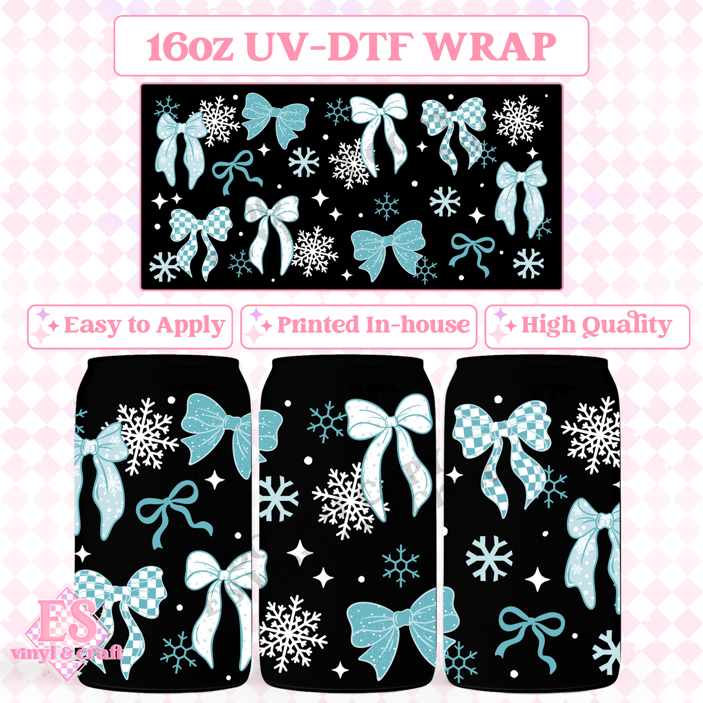 Snowflake Bows - 16oz Beer Can / Libbey UV-DTF image 0
