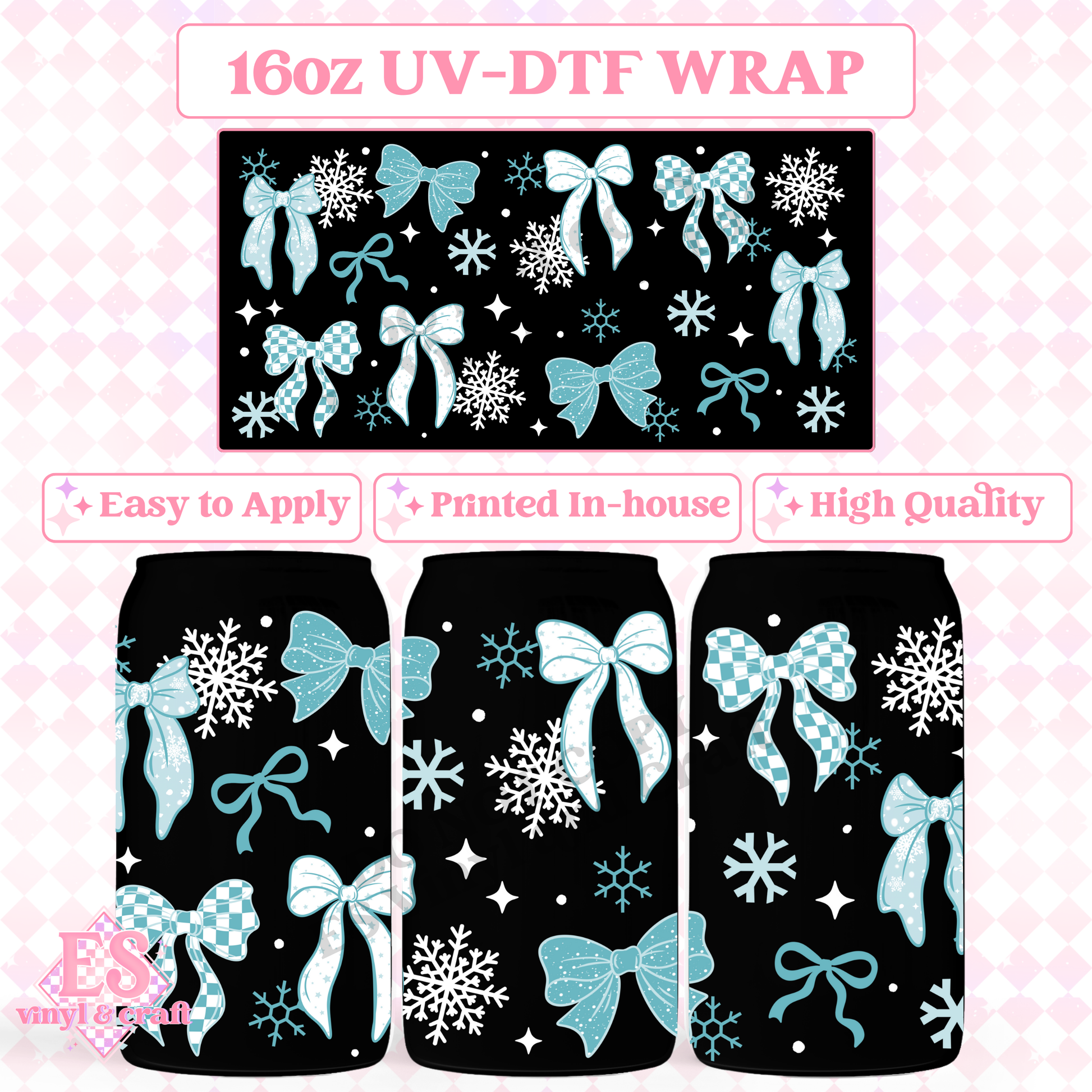 Snowflake Bows - 16oz Beer Can / Libbey UV-DTF image 0