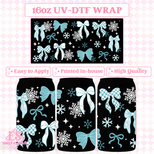 Snowflake Bows - 16oz Beer Can / Libbey UV-DTF image 0