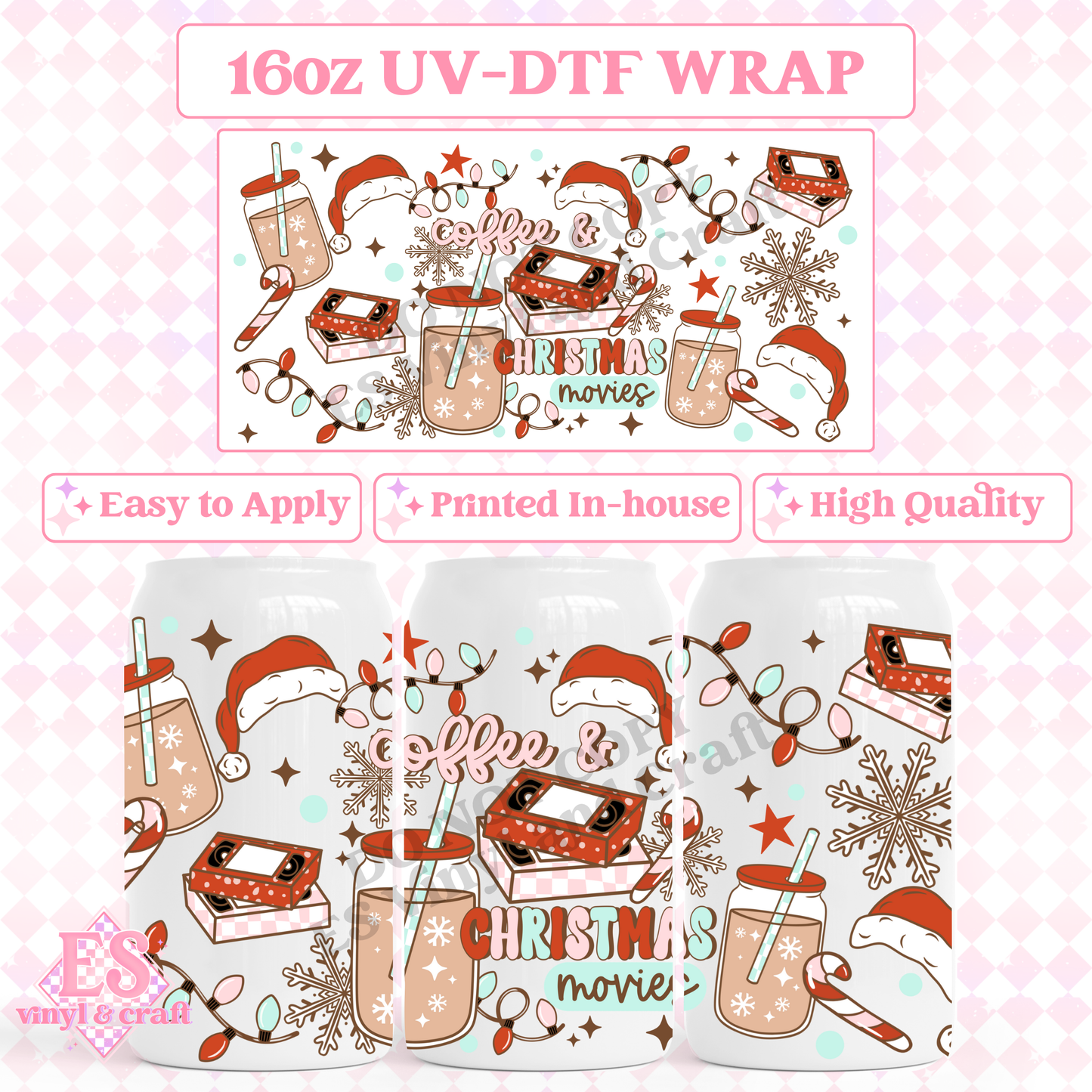 Coffee and Christmas Movies - 16oz Beer Can / Libbey UV-DTF Transfer image 0