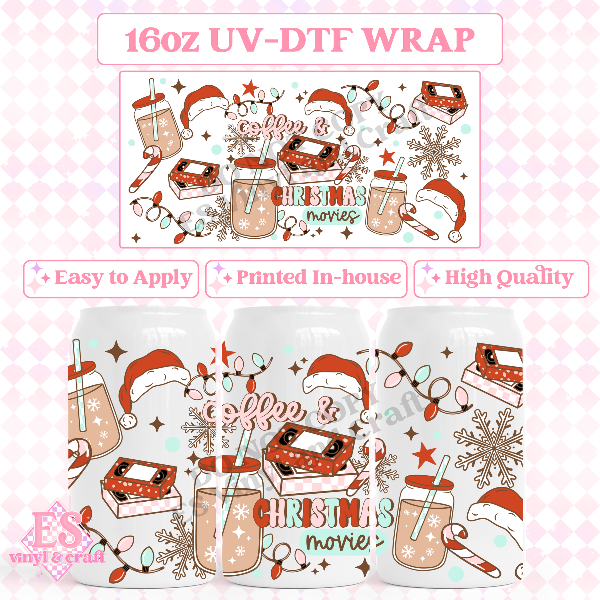 Coffee and Christmas Movies - 16oz Beer Can / Libbey UV-DTF Transfer image 0