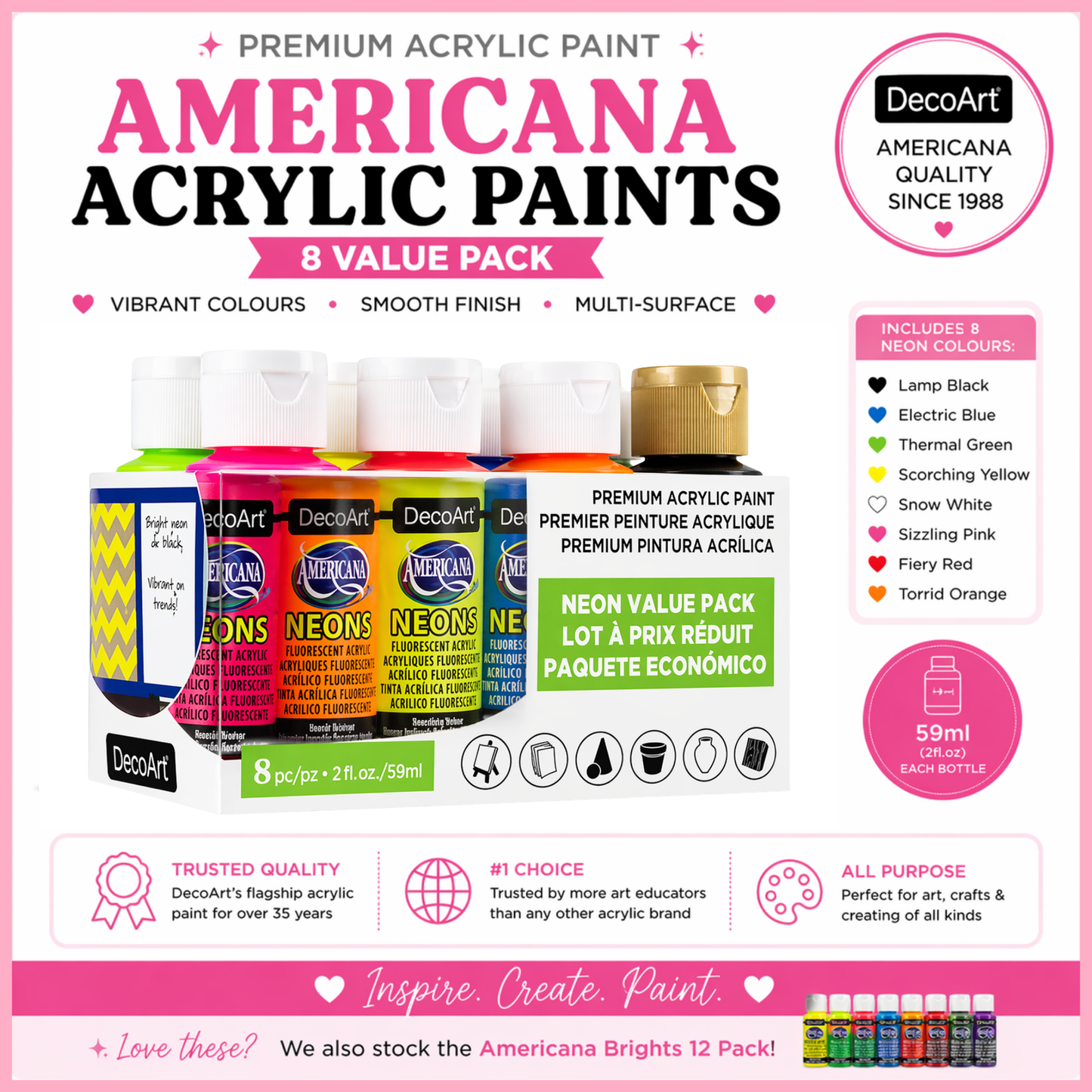 DecoArt Americana Neons / Fluorescent 2oz - Pack of 8 (Made in the USA)