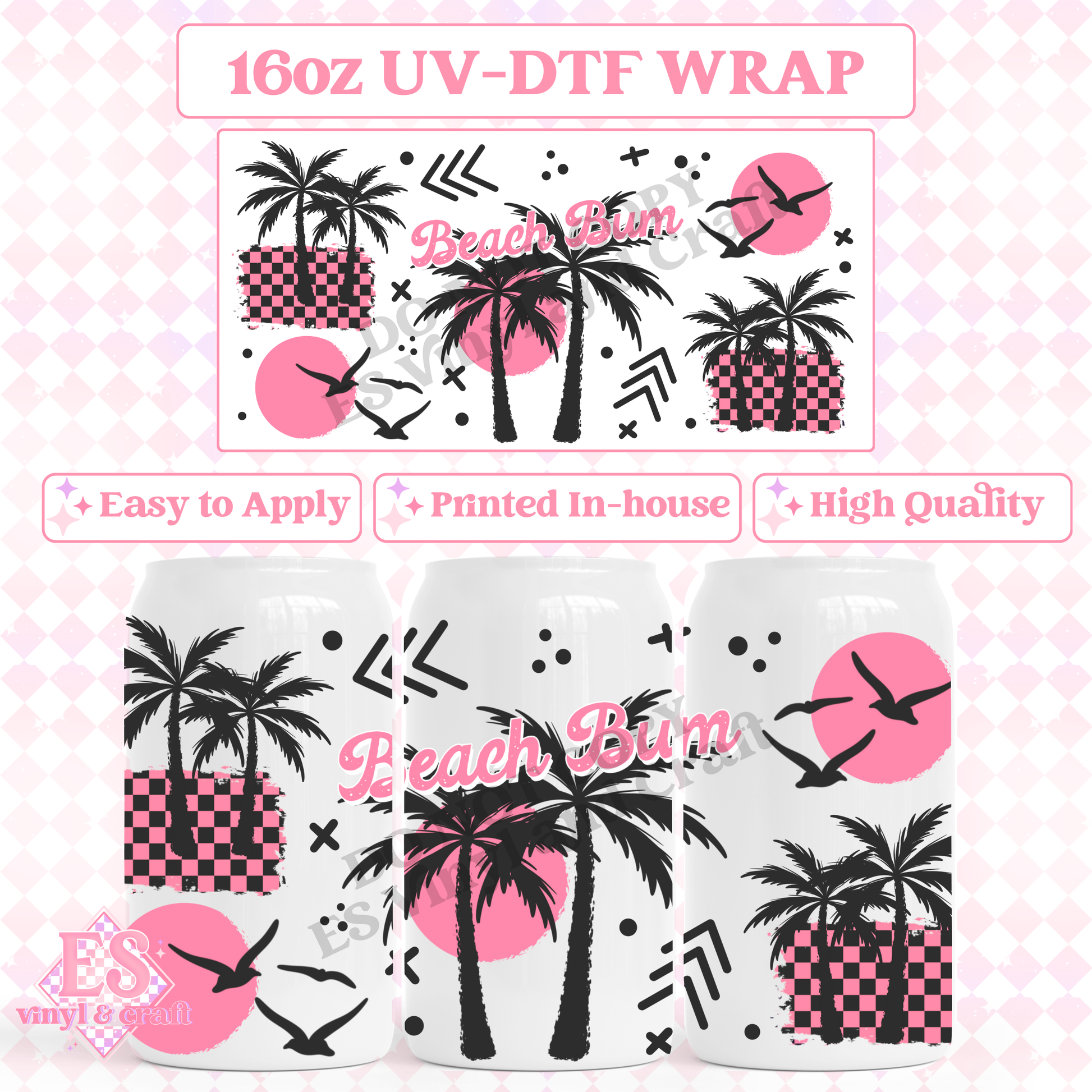 Beach Bum Pink - 16oz Beer Can / Libbey UV-DTF Transfer image 0