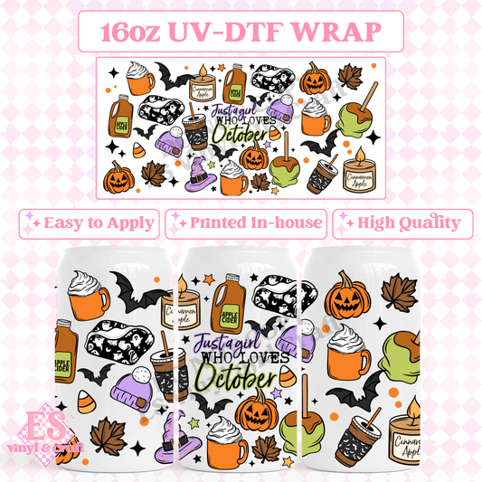 Just a Girl Who Loves October - 16oz Beer Can / Libbey UV-DTF Transfer image 0