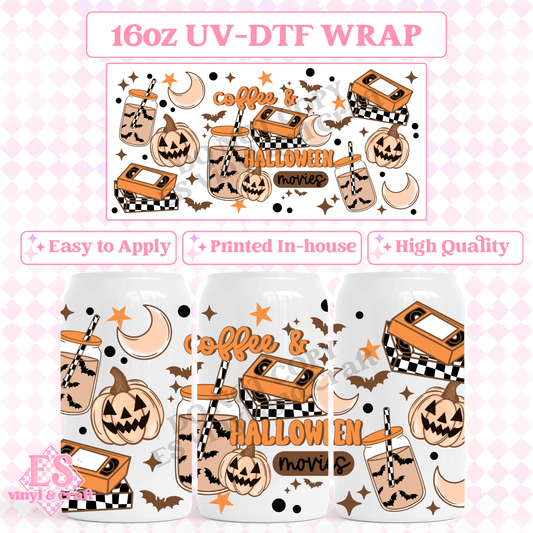 Coffee and Halloween Movies - 16oz Beer Can / Libbey UV-DTF Transfer image 0