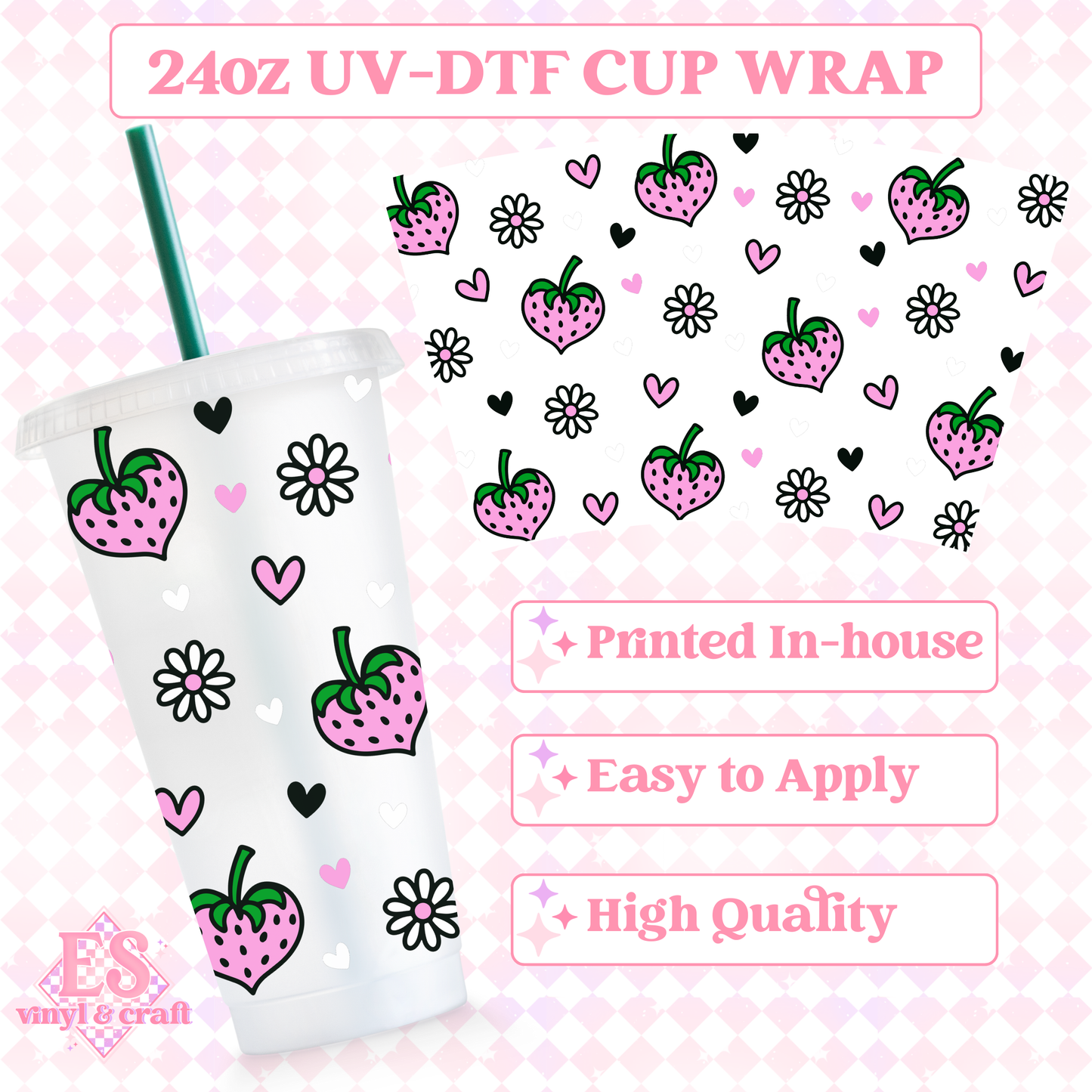 Strawberry Hearts - UVDTF 24oz Cold Cup Wrap image 0