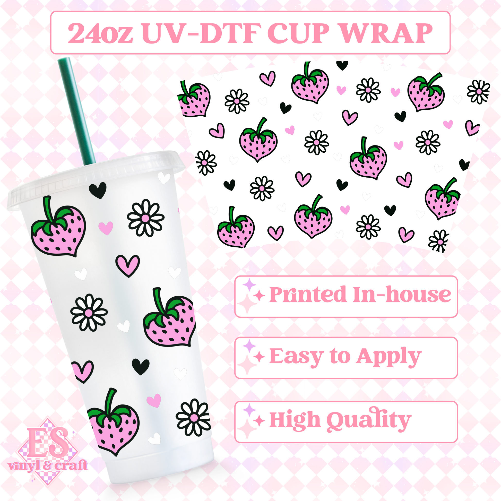 Strawberry Hearts - UVDTF 24oz Cold Cup Wrap image 0