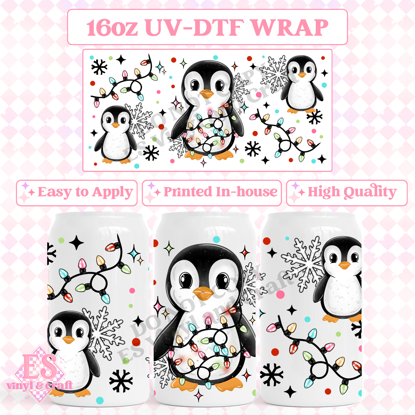 Penguin and Christmas Lights - 16oz Beer Can / Libbey UV-DTF image 0