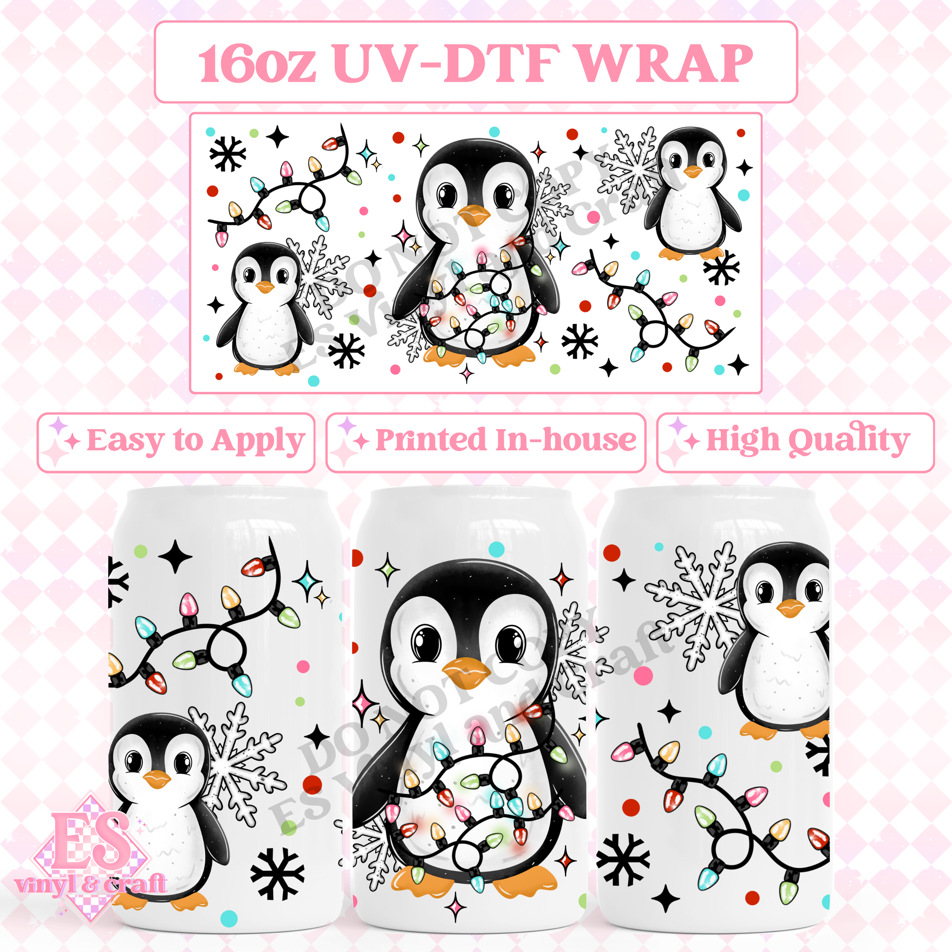 Penguin and Christmas Lights - 16oz Beer Can / Libbey UV-DTF image 0
