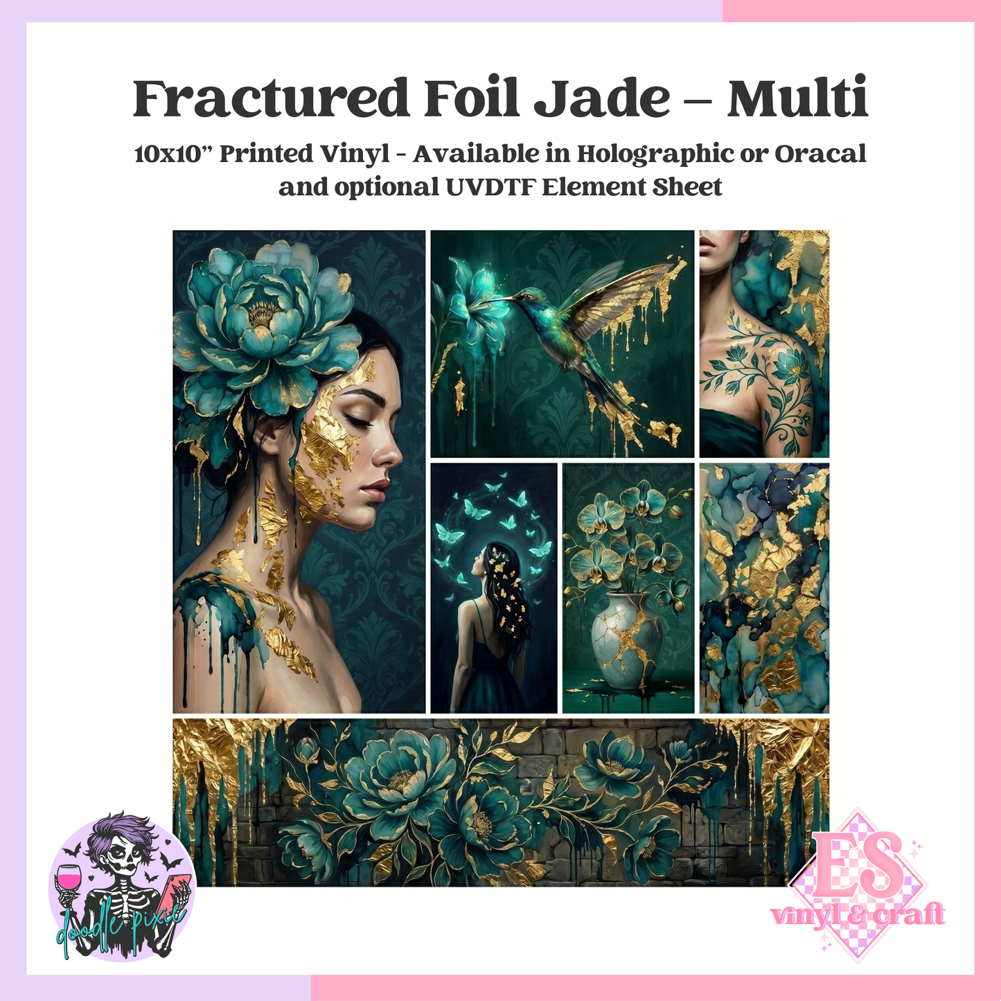 Fractured Foil Jade - Multi - 10" x 10" Self Adhesive Vinyl (Oracal or Holo)