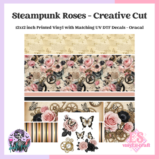 Steampunk Roses Creative Cuts - 12" x 12" Printed Vinyl and UVDTF Decals image 0