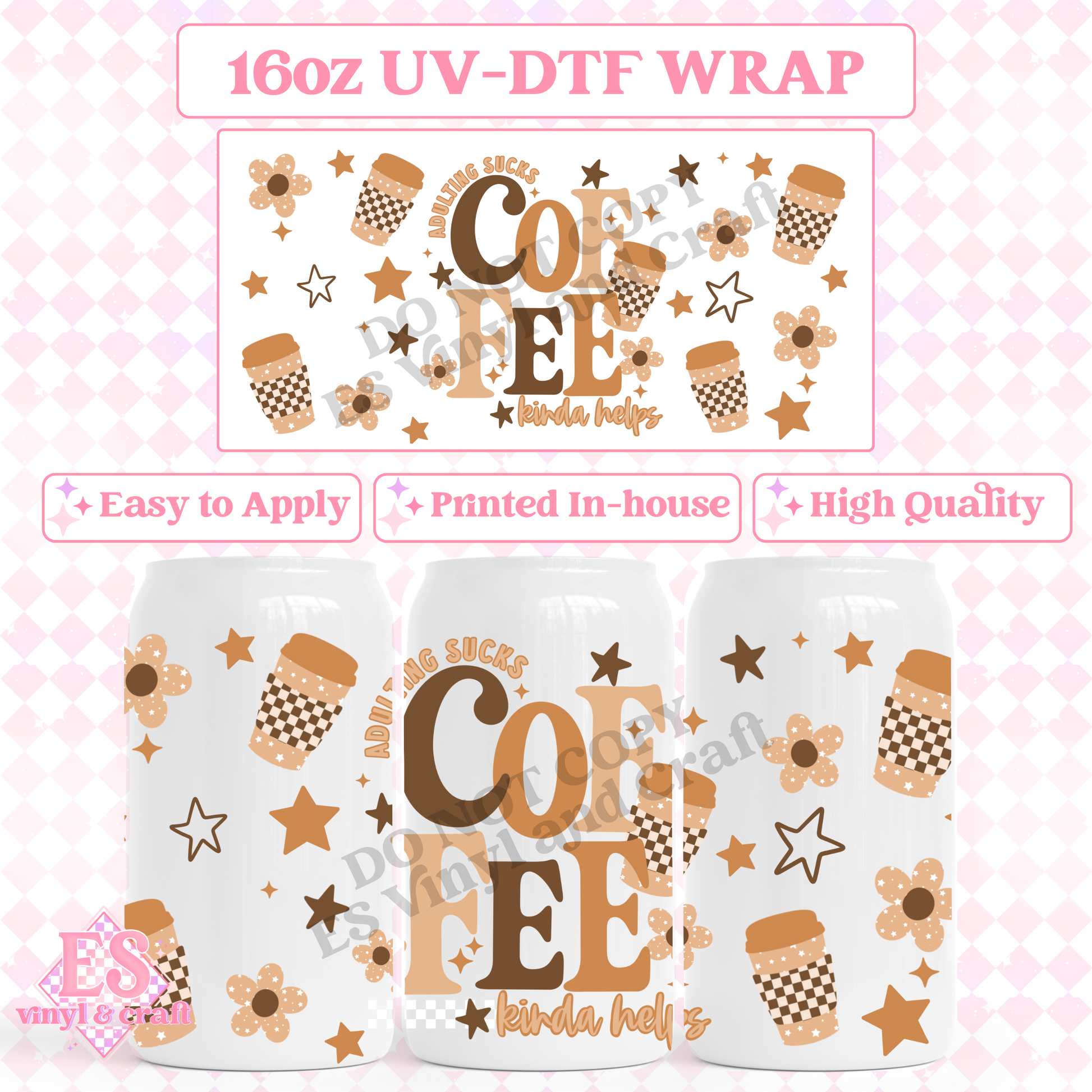 Coffee Kinda Helps - 16oz Beer Can / Libbey UV-DTF Transfer image 0