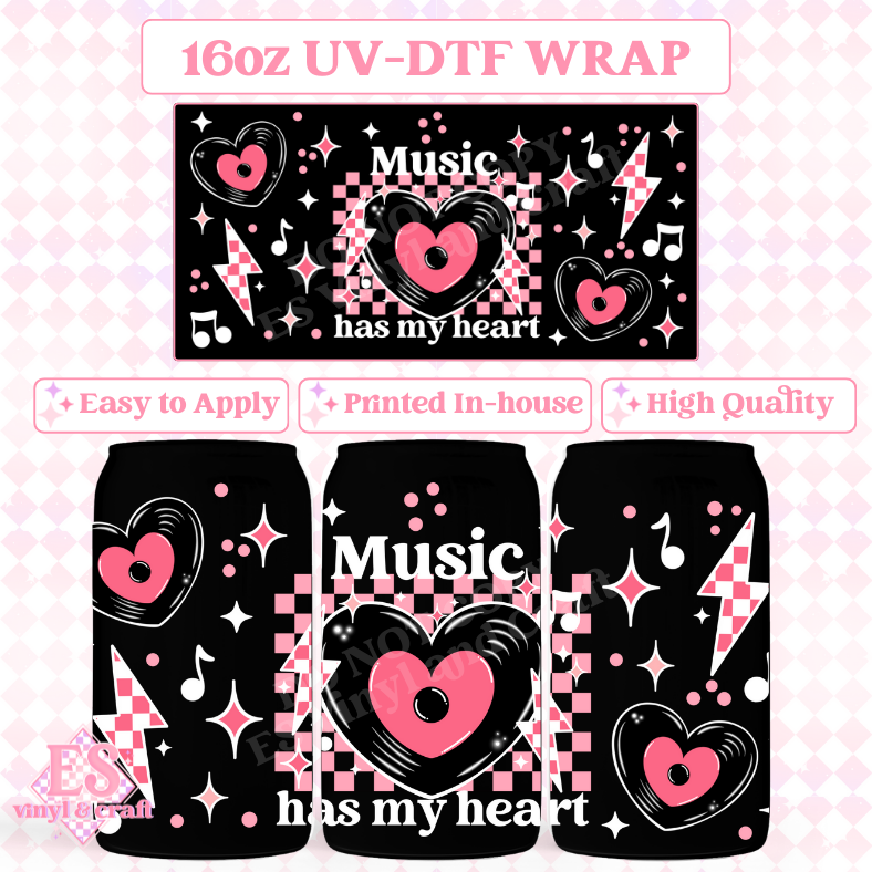 Music has my Heart (White Elements) - 16oz Beer Can / Libbey UV-DTF Transfer image 0