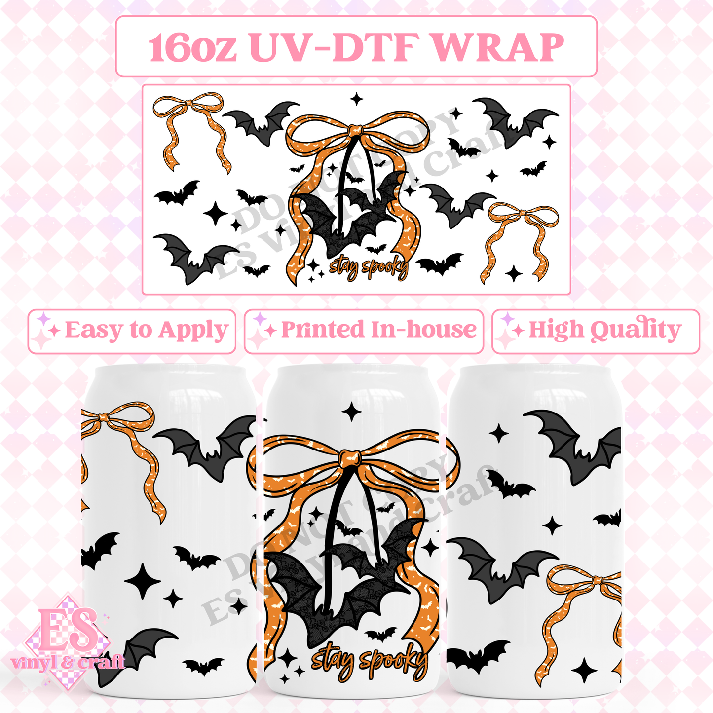 Stay Spooky Bats and Bows - 16oz Beer Can / Libbey UV-DTF Transfer image 0