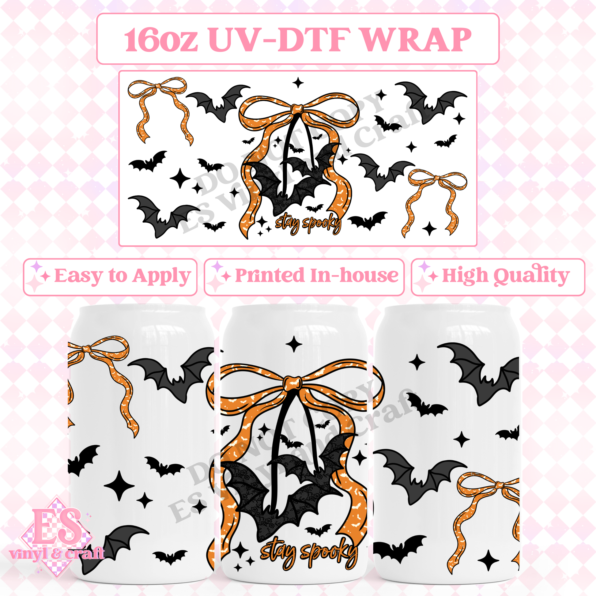 Stay Spooky Bats and Bows - 16oz Beer Can / Libbey UV-DTF Transfer image 0
