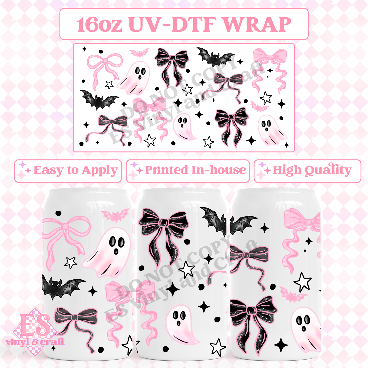 Pink Bow Ghostie - 16oz Beer Can / Libbey UV-DTF Transfer image 0