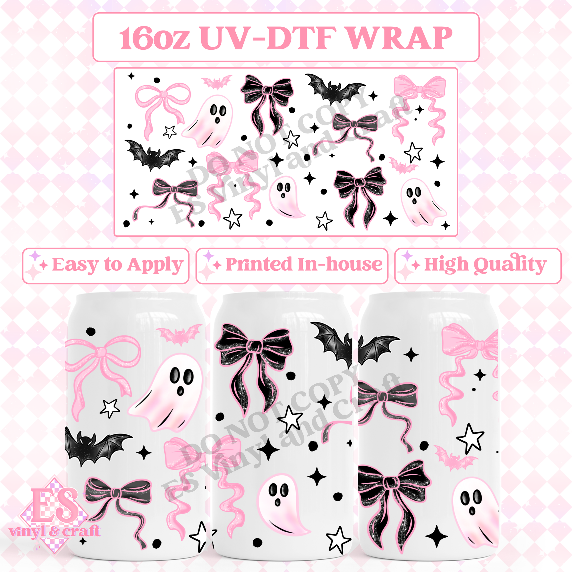Pink Bow Ghostie - 16oz Beer Can / Libbey UV-DTF Transfer image 0