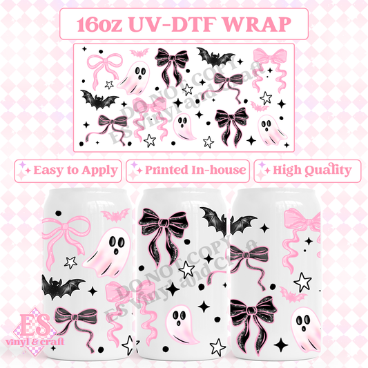 Pink Bow Ghostie - 16oz Beer Can / Libbey UV-DTF Transfer image 0