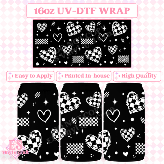 Checker Hearts (White Accent) - 16oz Beer Can / Libbey UV-DTF Transfer image 0
