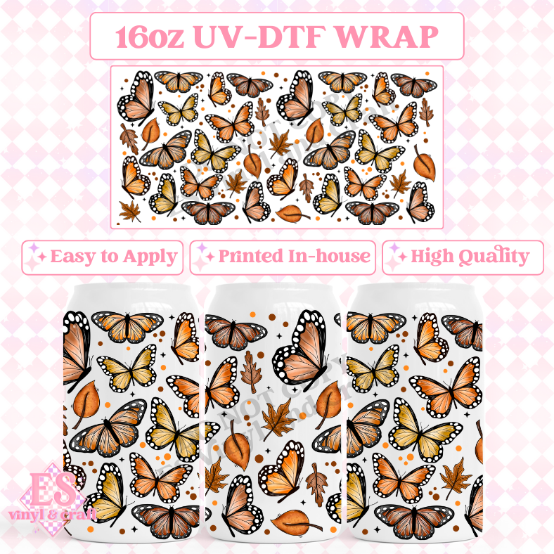 Autumn Butterflies - 16oz Beer Can / Libbey UV-DTF image 0