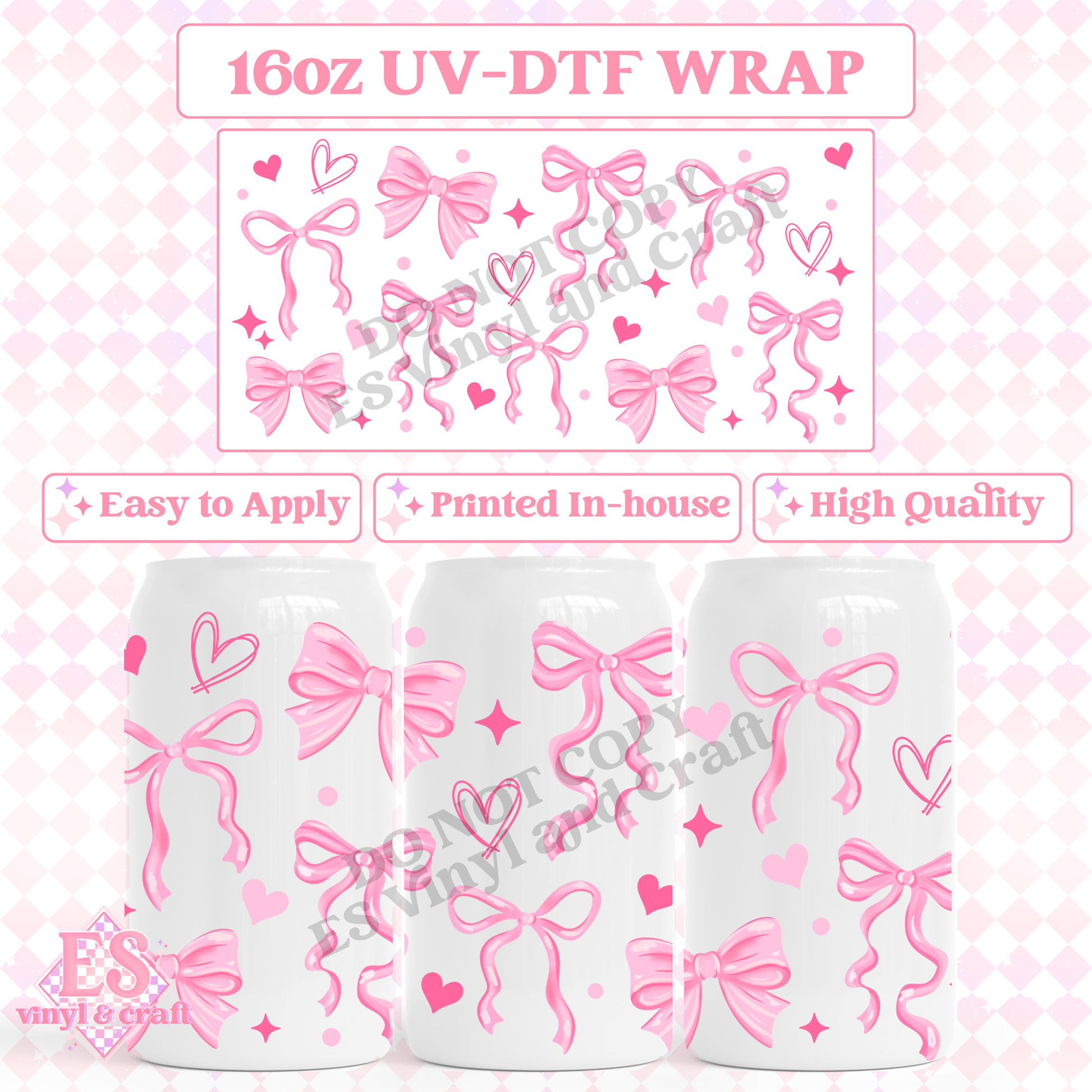Pink Bows and Hearts - 16oz Beer Can / Libbey UV-DTF image 0
