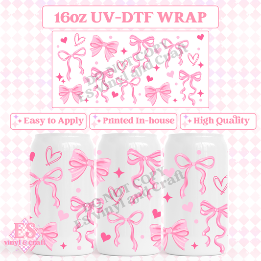 Pink Bows and Hearts - 16oz Beer Can / Libbey UV-DTF image 0