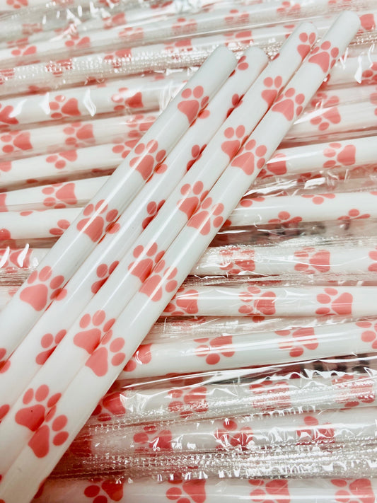 Pink Paw Prints White Straw image 0