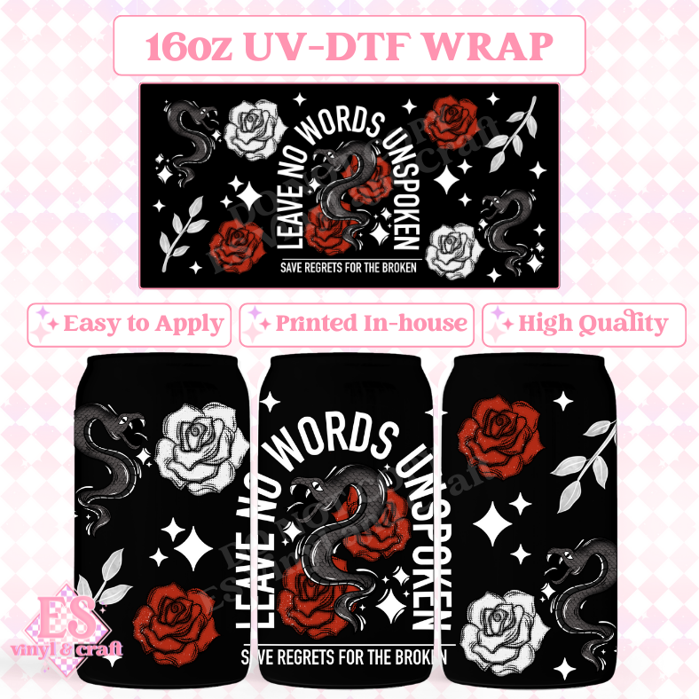 Unspoken White Writing - 16oz Beer Can / Libbey UV-DTF Transfers image 0