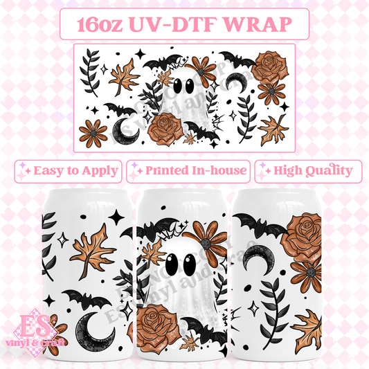 Orange Floral Ghost - 16oz Beer Can / Libbey UV-DTF Transfer image 0