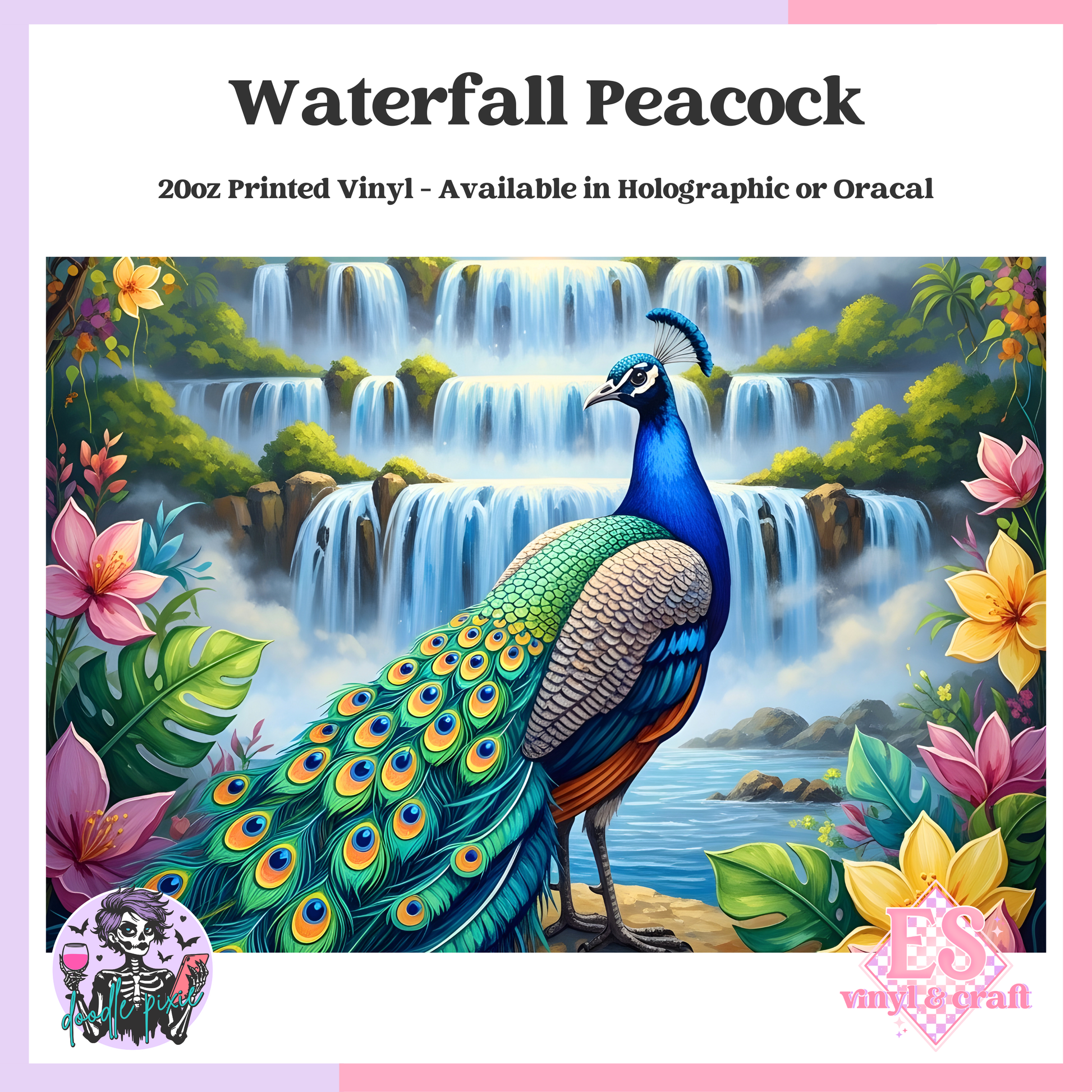 Waterfall Peacock - 20oz Printed Tumbler Self Adhesive Vinyl image 0