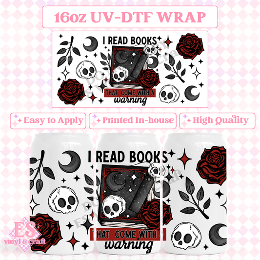 Books with a Warning - 16oz Beer Can / Libbey UV-DTF Transfer image 0