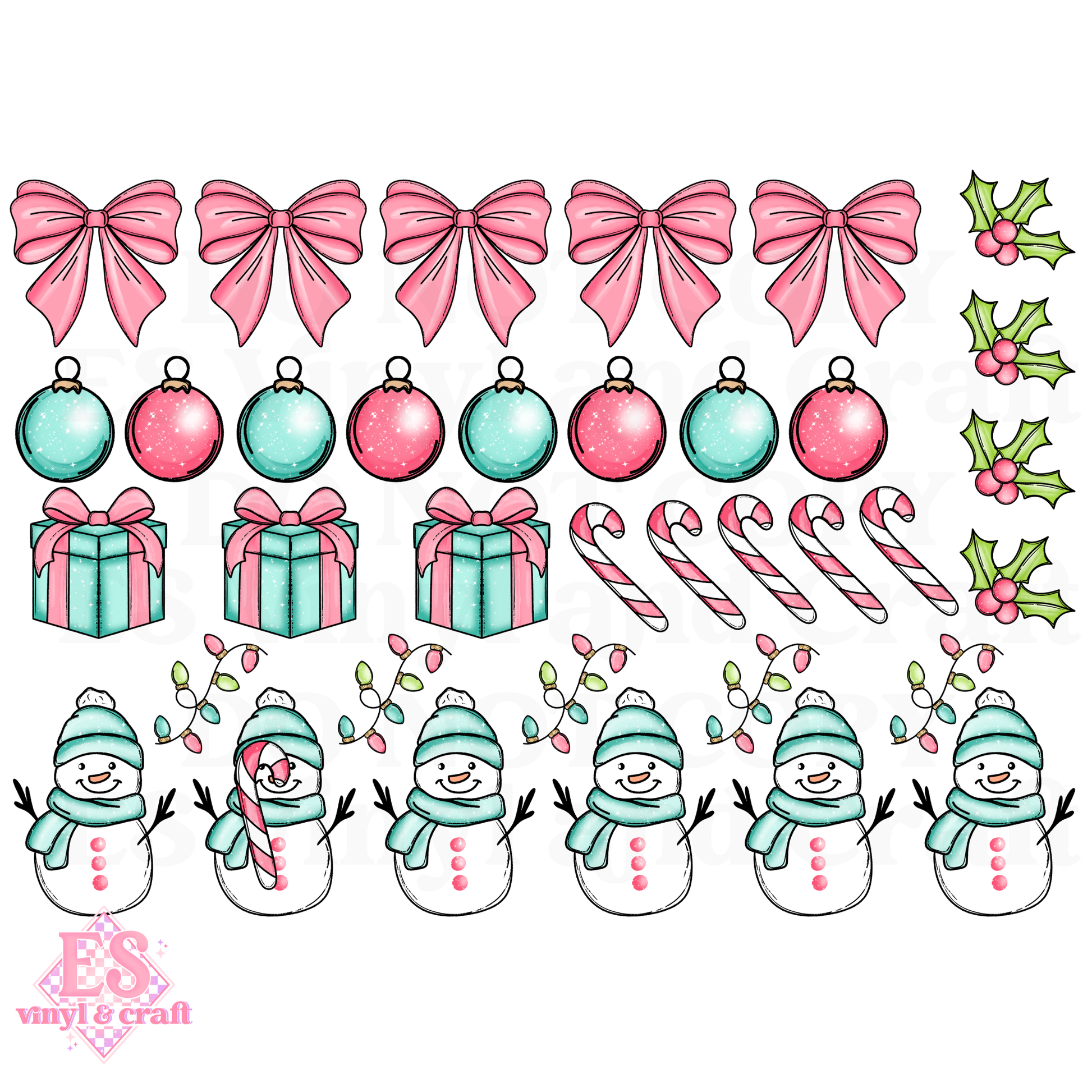 Mint, Pink and Green Christmas Snowmen - UVDTF (A4 Sheet) 210mm x 300mm image 1