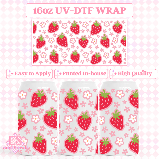 Summer Strawberries - 16oz Beer Can / Libbey UV-DTF Transfer image 0