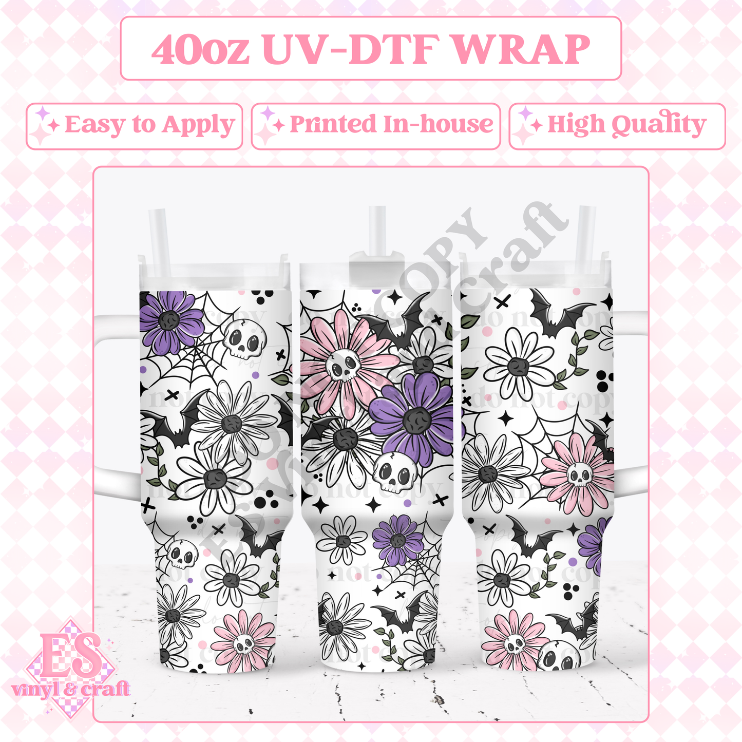 Skellie Bat Florals - 40oz Tumbler Wraps - UV-DTF (2 Wraps - Top and Bo image 0