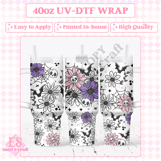 Skellie Bat Florals - 40oz Tumbler Wraps - UV-DTF (2 Wraps - Top and Bo image 0