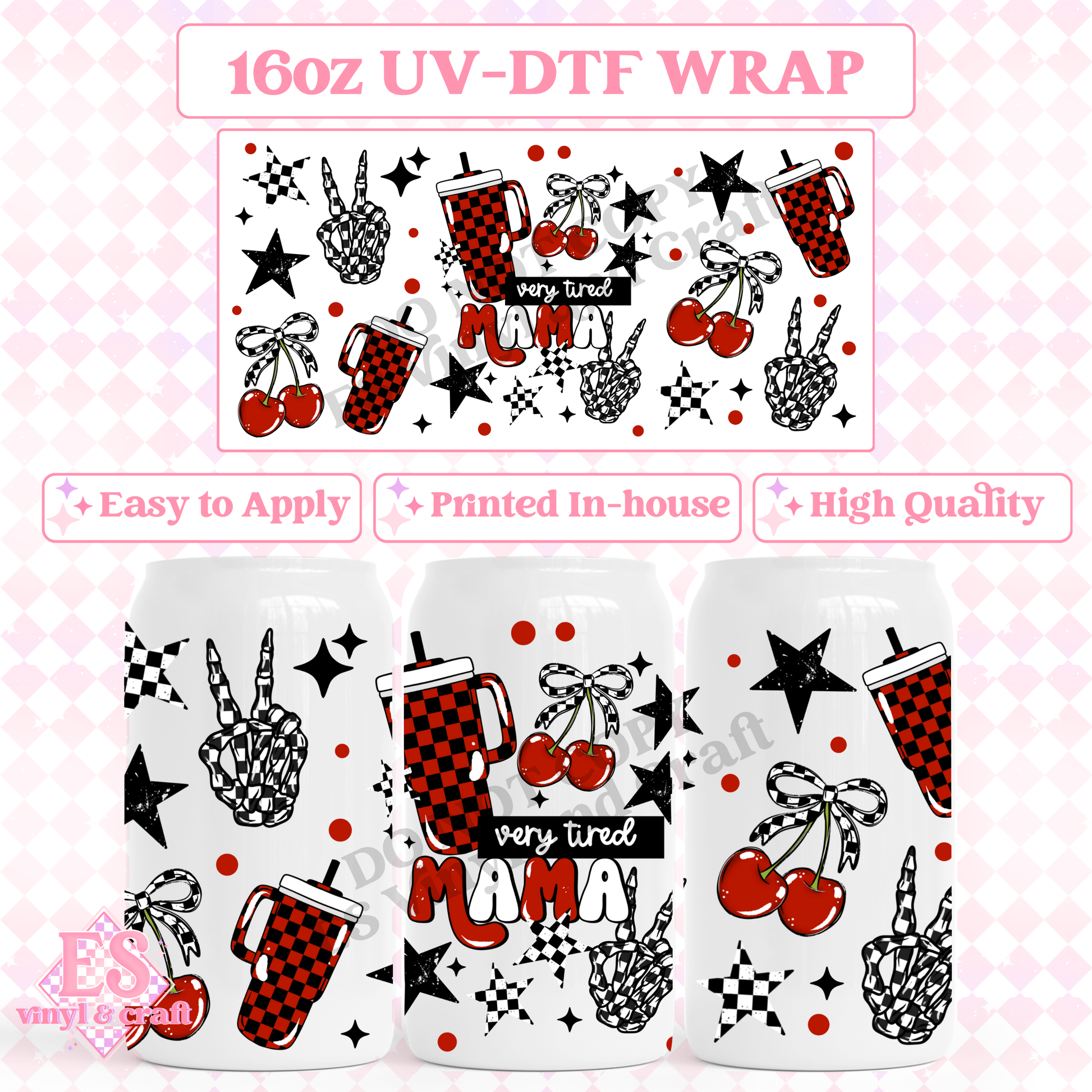 Very Tired Mama Checker - 16oz Beer Can / Libbey UV-DTF image 0